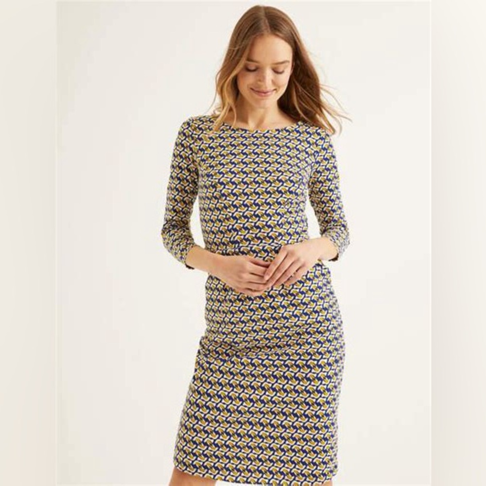 Boden Penny Cotton Dress Pockets | Navy Yellow White geo bird pattern | sz 12